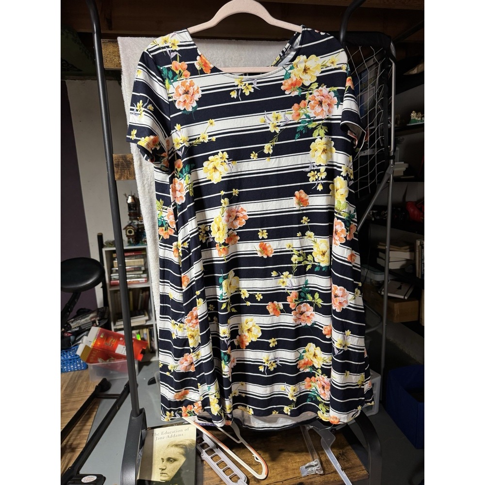 Nina‎ Leonard Womens Striped Floral Print Short Sleeve Dress Navy Blue Casual